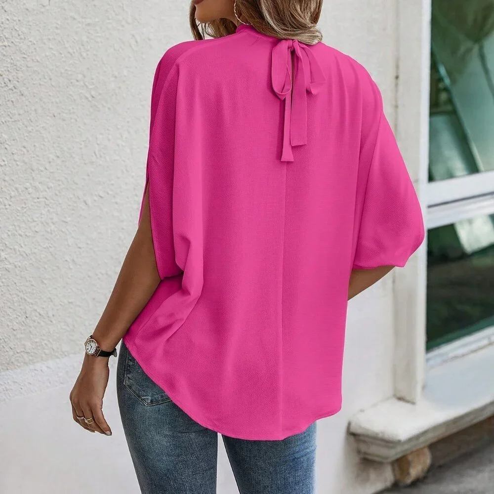 Hot Pink Casual Women's Stand Collar Loose Bat Wing Sleeve Blouse